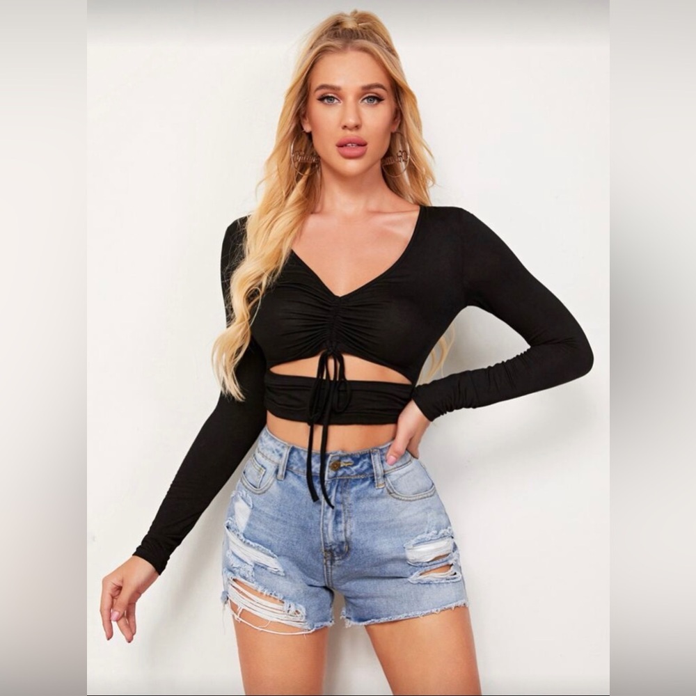 Black Drawstring Front Peekaboo Crop long sleeve top